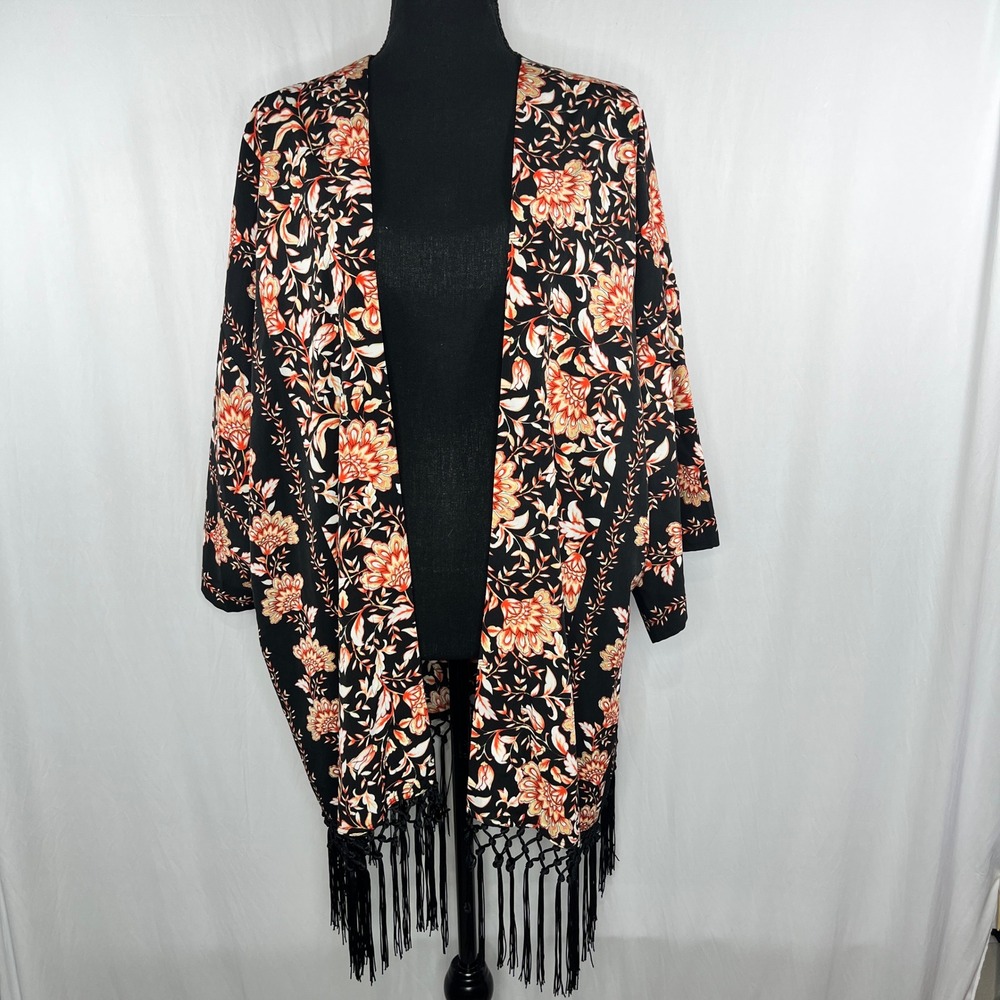 Ruby Rd Floral Kimono Open Front Fringe Bohemian Cardigan Black XL